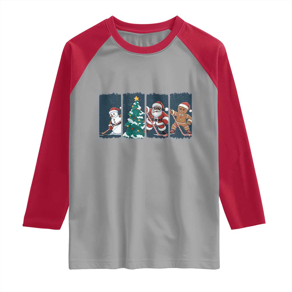 Funny Ice Hockey Christmas Gift Raglan Shirt Santa Snowman And Gingerbread Playing Together - Wonder Print Shop