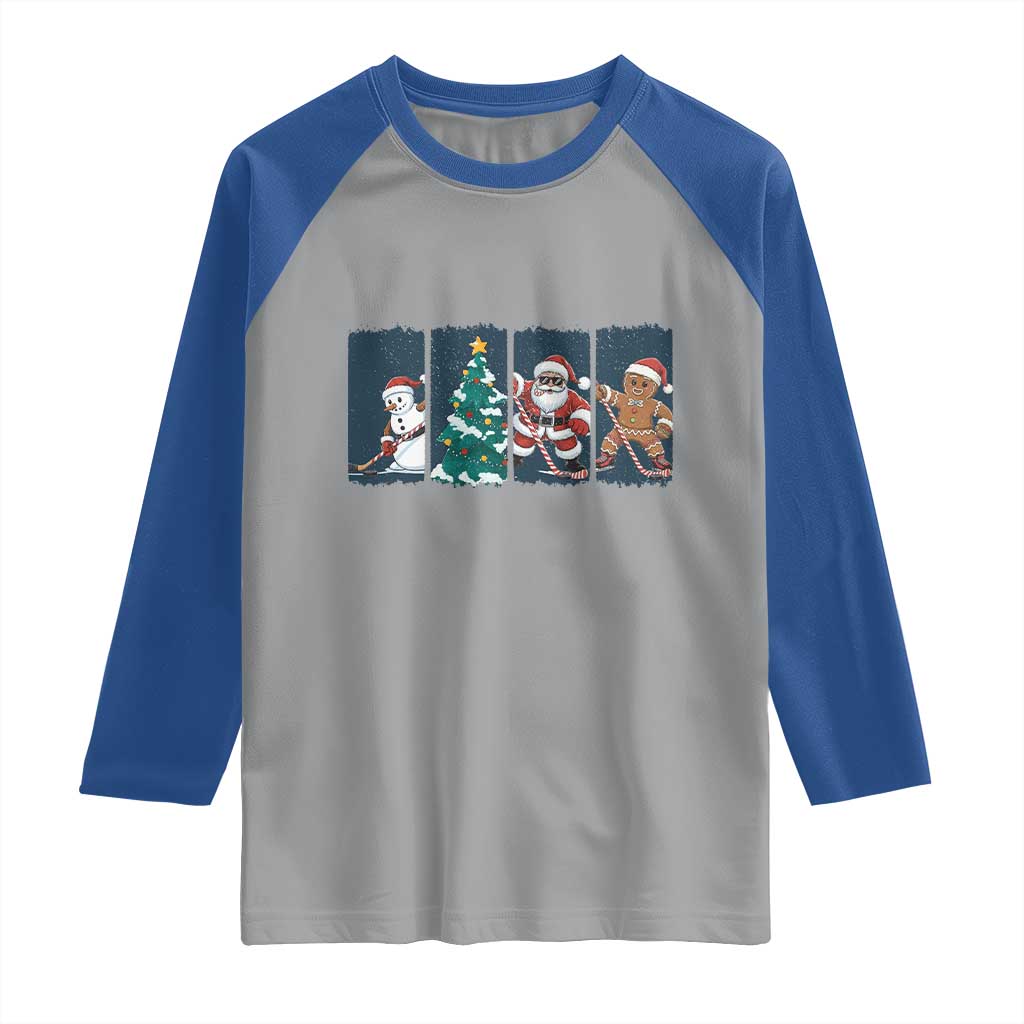Funny Ice Hockey Christmas Gift Raglan Shirt Santa Snowman And Gingerbread Playing Together - Wonder Print Shop