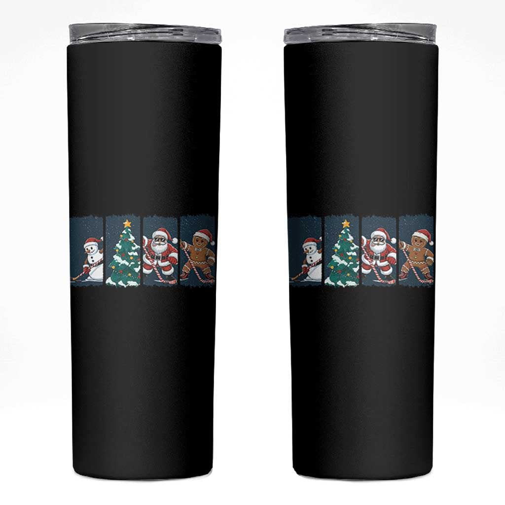 Funny Ice Hockey Christmas Gift Skinny Tumbler Santa Snowman And Gingerbread Playing Together - Wonder Print Shop