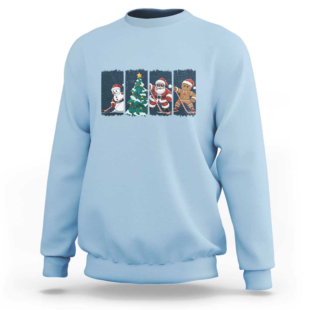 Funny Ice Hockey Christmas Gift Sweatshirt Santa Snowman And Gingerbread Playing Together - Wonder Print Shop
