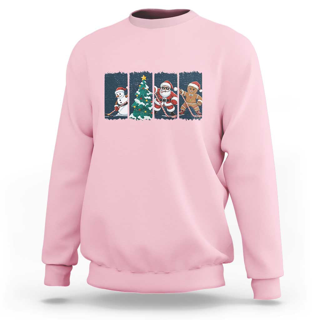 Funny Ice Hockey Christmas Gift Sweatshirt Santa Snowman And Gingerbread Playing Together - Wonder Print Shop