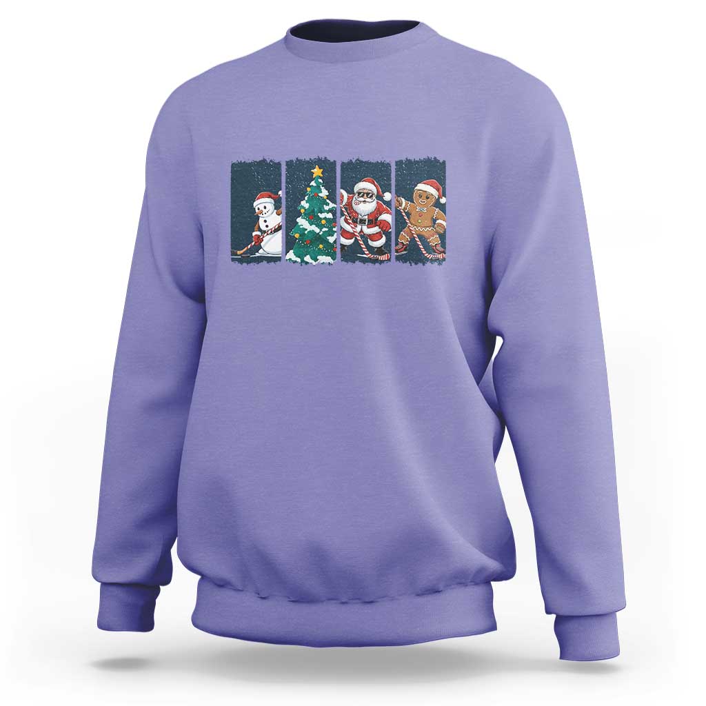 Funny Ice Hockey Christmas Gift Sweatshirt Santa Snowman And Gingerbread Playing Together - Wonder Print Shop