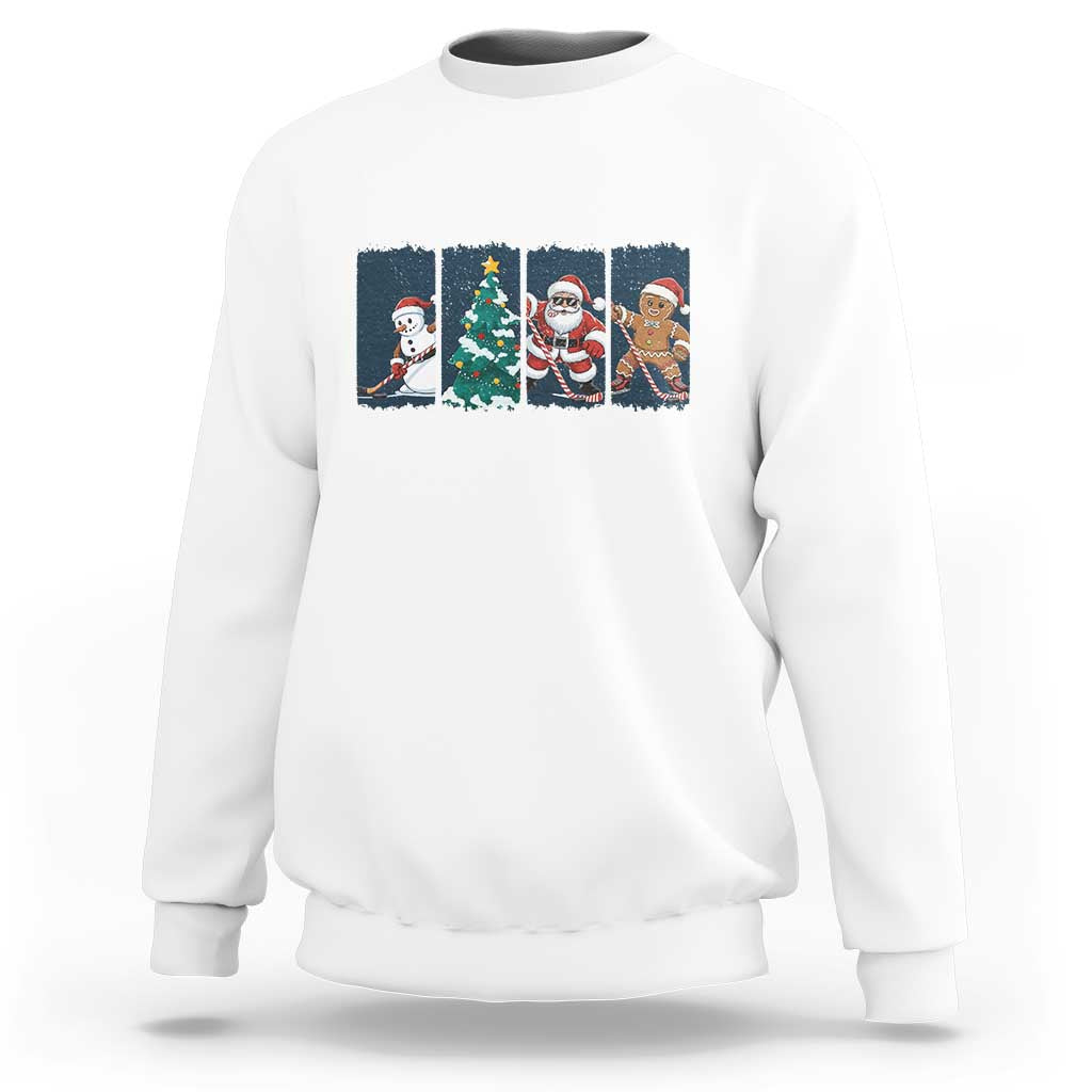 Funny Ice Hockey Christmas Gift Sweatshirt Santa Snowman And Gingerbread Playing Together - Wonder Print Shop