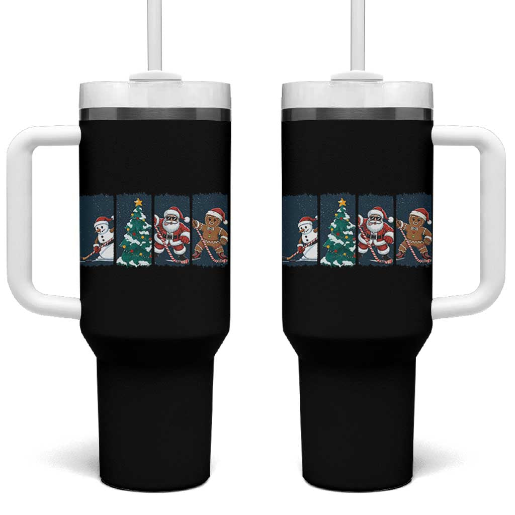 Funny Ice Hockey Christmas Gift Tumbler With Handle Santa Snowman And Gingerbread Playing Together - Wonder Print Shop