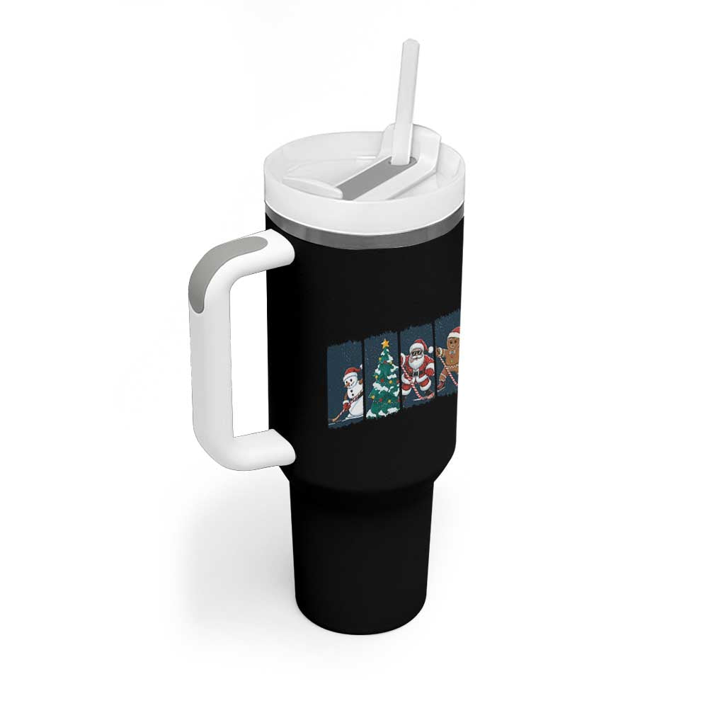 Funny Ice Hockey Christmas Gift Tumbler With Handle Santa Snowman And Gingerbread Playing Together - Wonder Print Shop