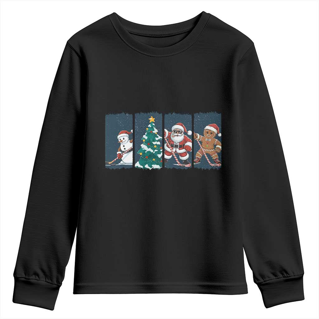 Funny Ice Hockey Christmas Gift Youth Sweatshirt Santa Snowman And Gingerbread Playing Together - Wonder Print Shop