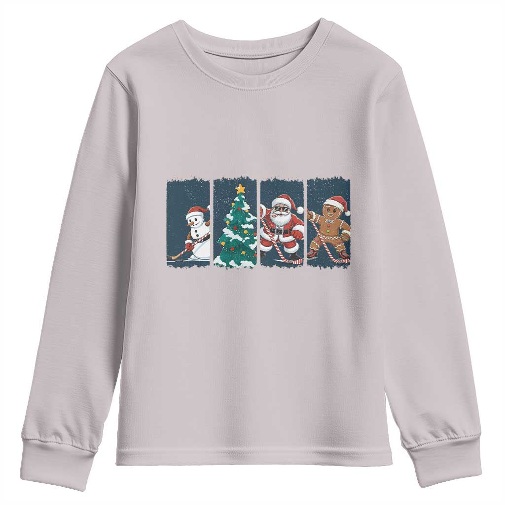 Funny Ice Hockey Christmas Gift Youth Sweatshirt Santa Snowman And Gingerbread Playing Together - Wonder Print Shop