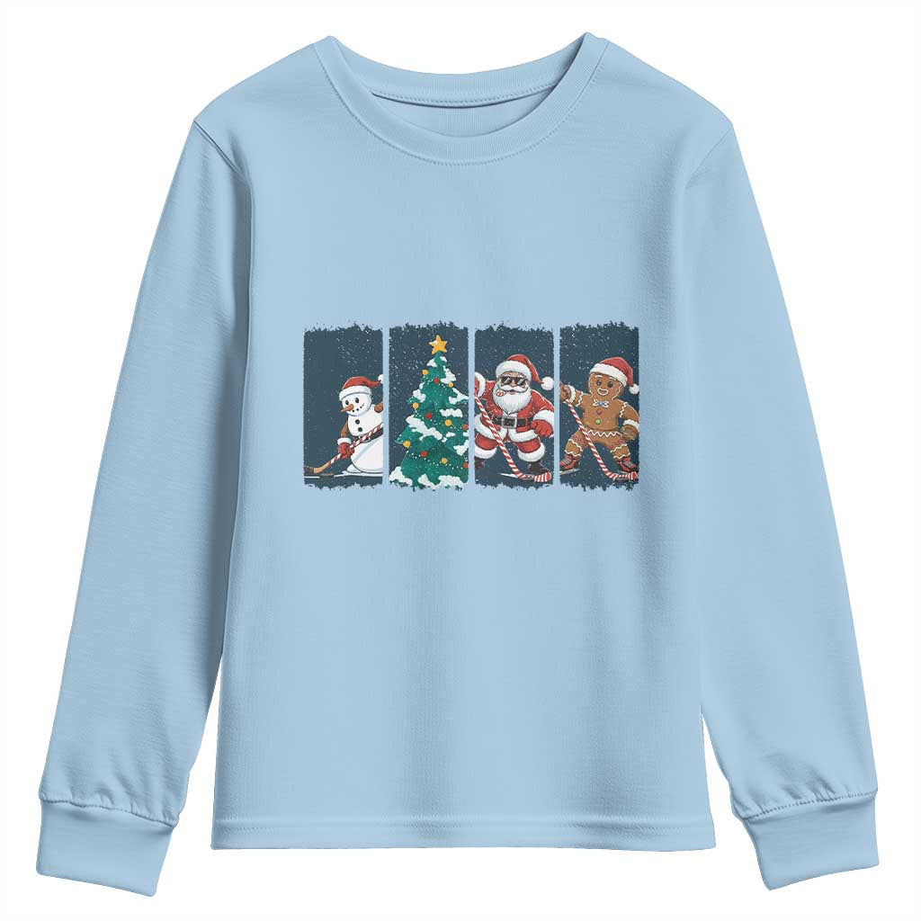 Funny Ice Hockey Christmas Gift Youth Sweatshirt Santa Snowman And Gingerbread Playing Together - Wonder Print Shop
