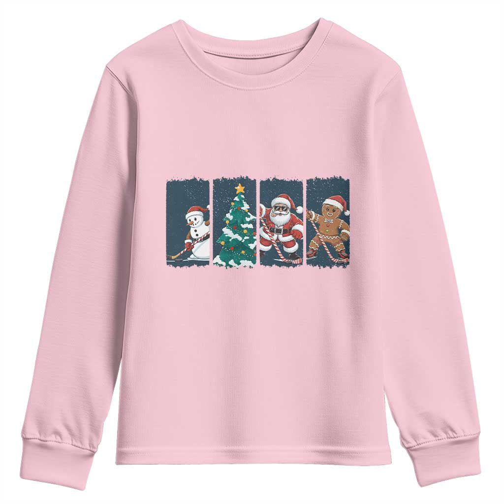 Funny Ice Hockey Christmas Gift Youth Sweatshirt Santa Snowman And Gingerbread Playing Together - Wonder Print Shop