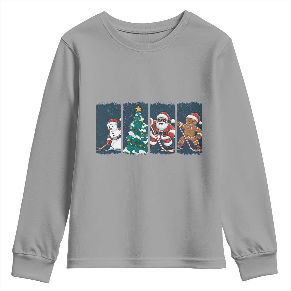 Funny Ice Hockey Christmas Gift Youth Sweatshirt Santa Snowman And Gingerbread Playing Together - Wonder Print Shop