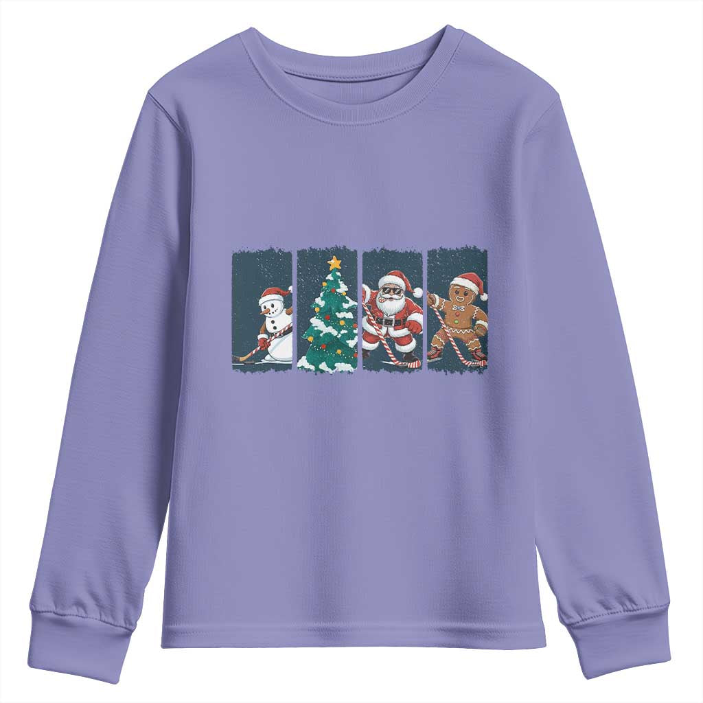 Funny Ice Hockey Christmas Gift Youth Sweatshirt Santa Snowman And Gingerbread Playing Together - Wonder Print Shop