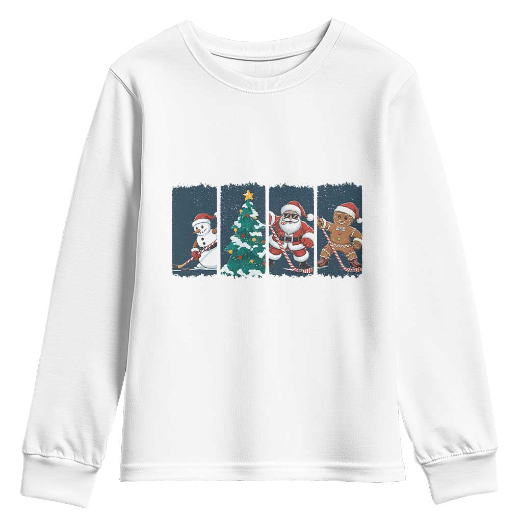 Funny Ice Hockey Christmas Gift Youth Sweatshirt Santa Snowman And Gingerbread Playing Together - Wonder Print Shop