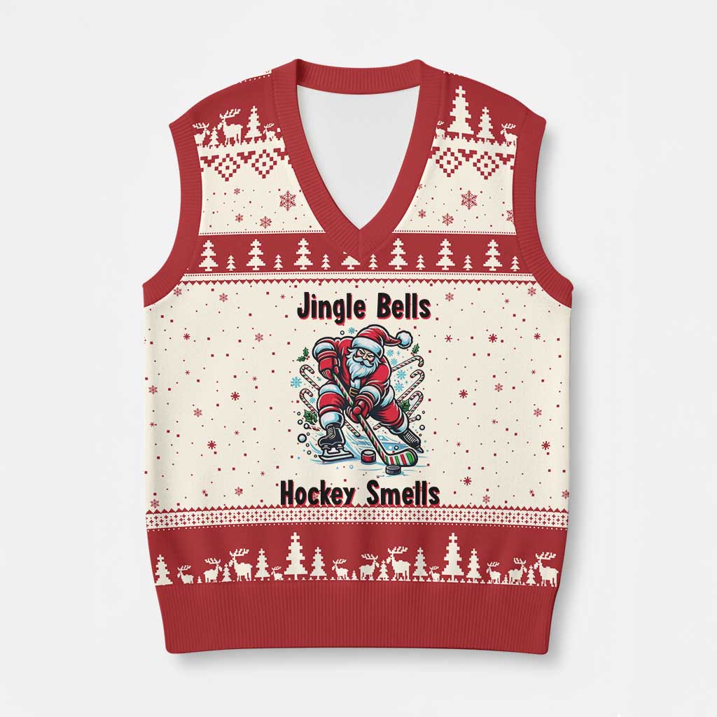 Jingle Bells Hockey Smells V-Neck Knit Sweater Vest Funny Santa Ice Hockey Xmas Gift - Wonder Print Shop