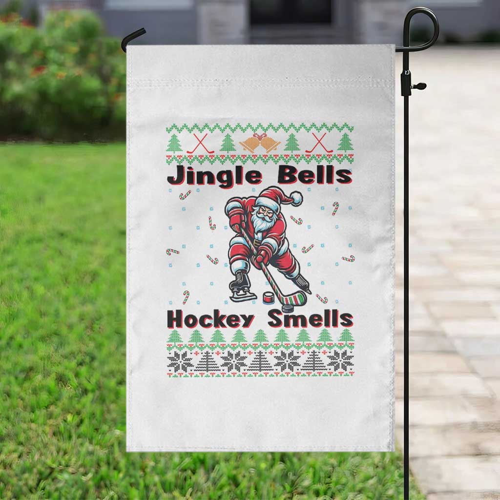 Ugly Christmas Sweater Santa Playing Hockey Garden Flag Jingle Bells Hockey Smells - Wonder Print Shop