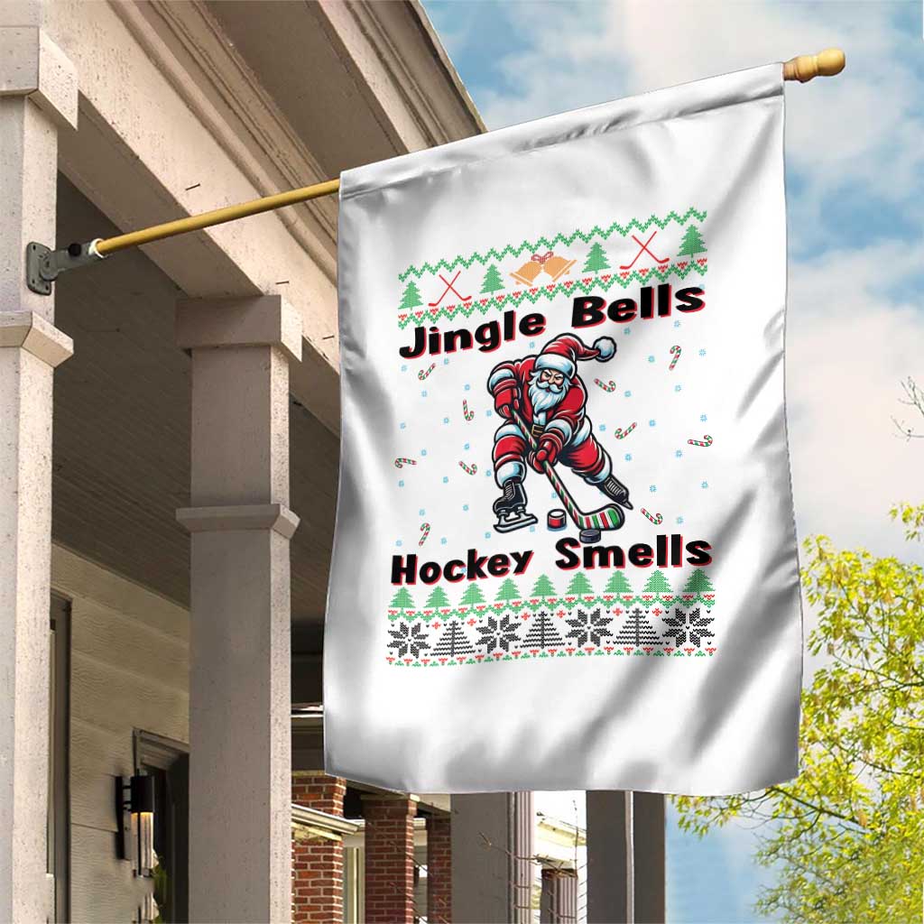 Ugly Christmas Sweater Santa Playing Hockey Garden Flag Jingle Bells Hockey Smells - Wonder Print Shop