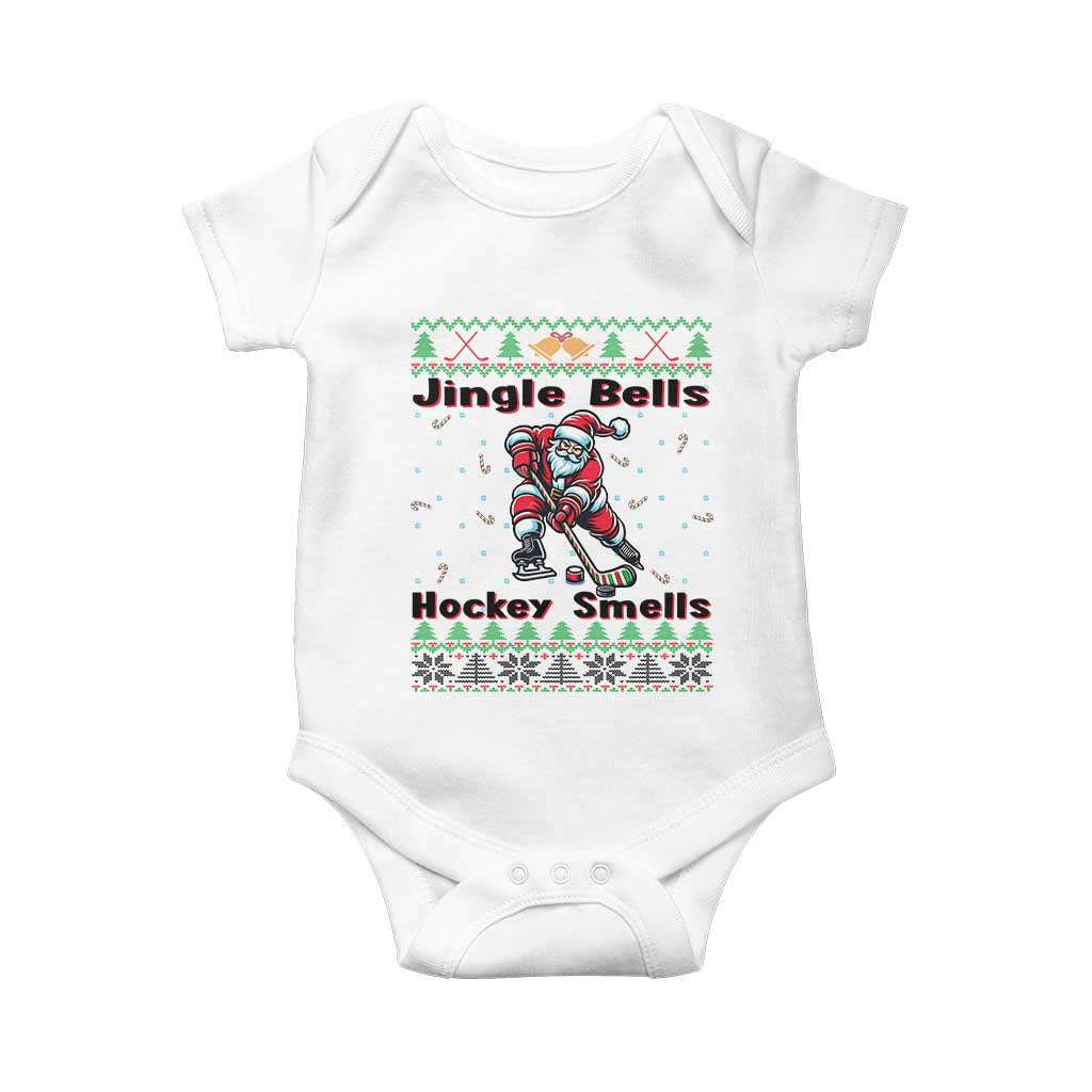 Ugly Christmas Sweater Santa Playing Hockey Baby Onesie Jingle Bells Hockey Smells - Wonder Print Shop