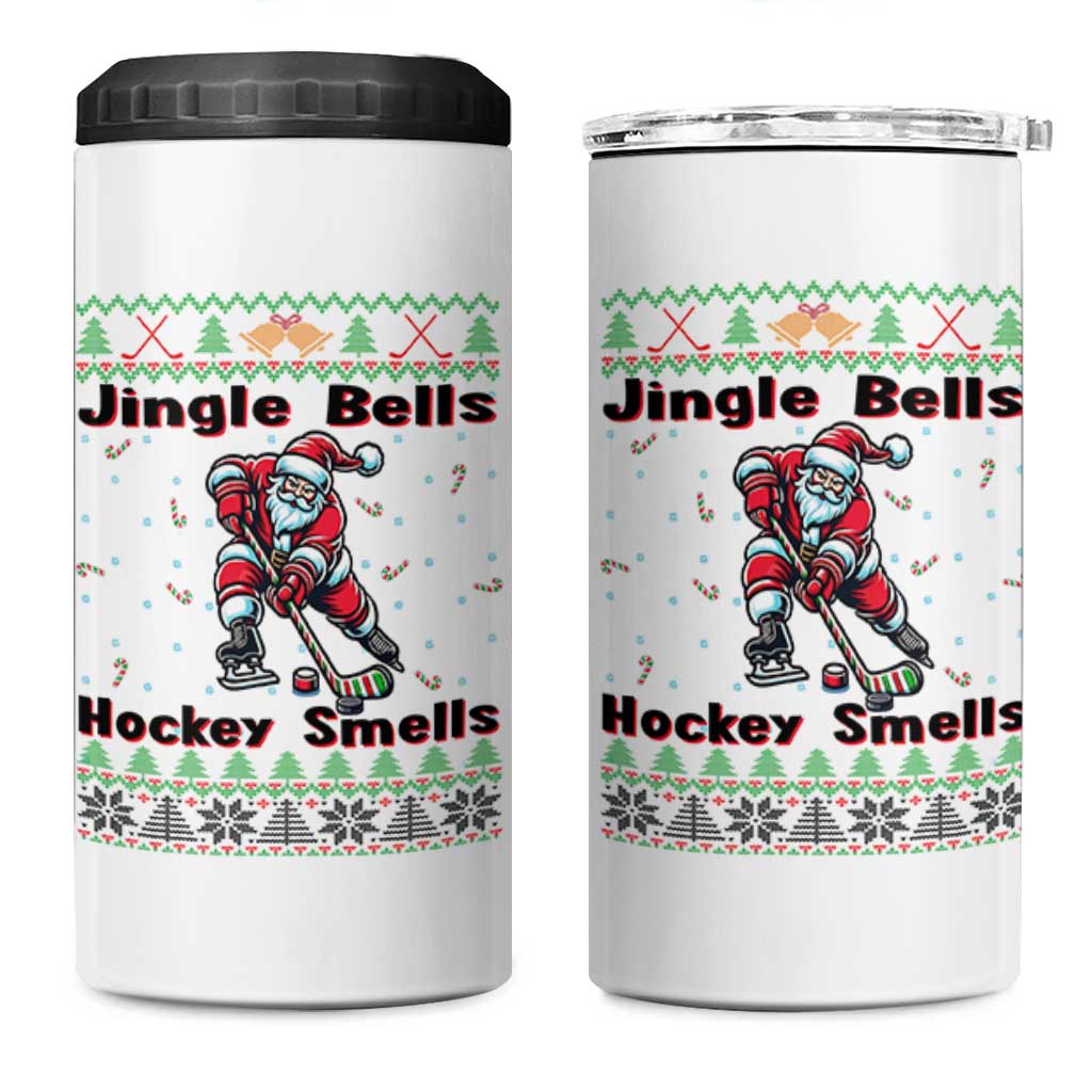 Ugly Christmas Sweater Santa Playing Hockey 4 in 1 Can Cooler Tumbler Jingle Bells Hockey Smells - Wonder Print Shop
