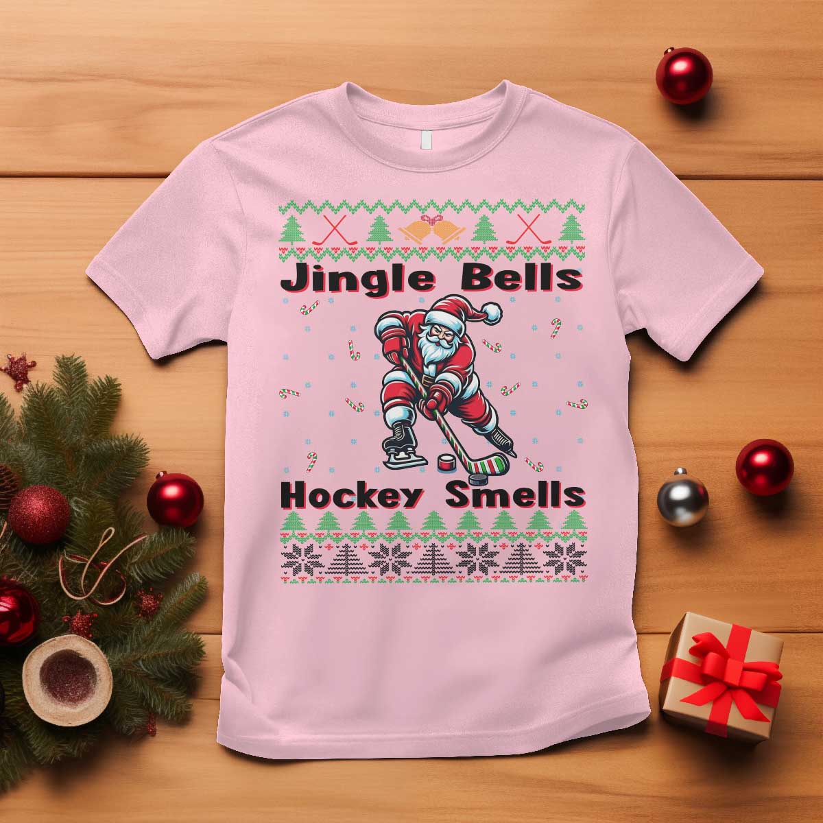 Ugly Christmas Sweater Santa Playing Hockey T Shirt Jingle Bells Hockey Smells - Wonder Print Shop