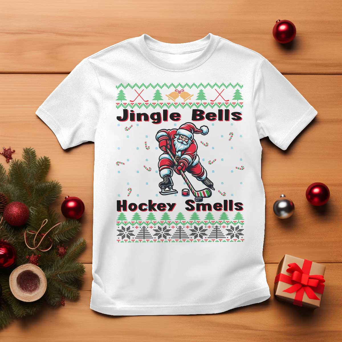 Ugly Christmas Sweater Santa Playing Hockey T Shirt Jingle Bells Hockey Smells - Wonder Print Shop