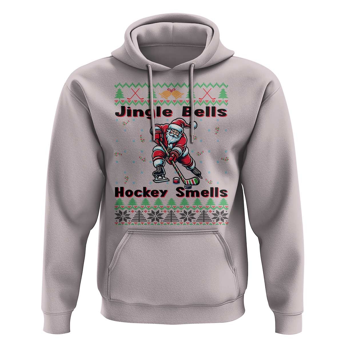 Ugly Christmas Sweater Santa Playing Hockey Hoodie Jingle Bells Hockey Smells - Wonder Print Shop