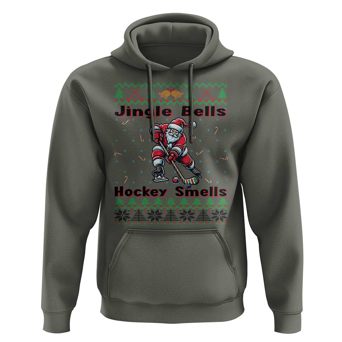 Ugly Christmas Sweater Santa Playing Hockey Hoodie Jingle Bells Hockey Smells - Wonder Print Shop
