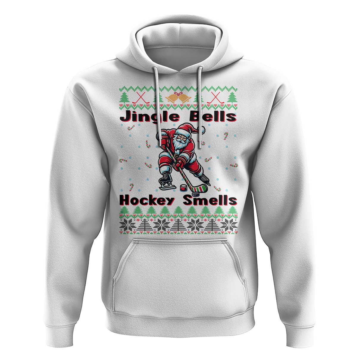 Ugly Christmas Sweater Santa Playing Hockey Hoodie Jingle Bells Hockey Smells - Wonder Print Shop