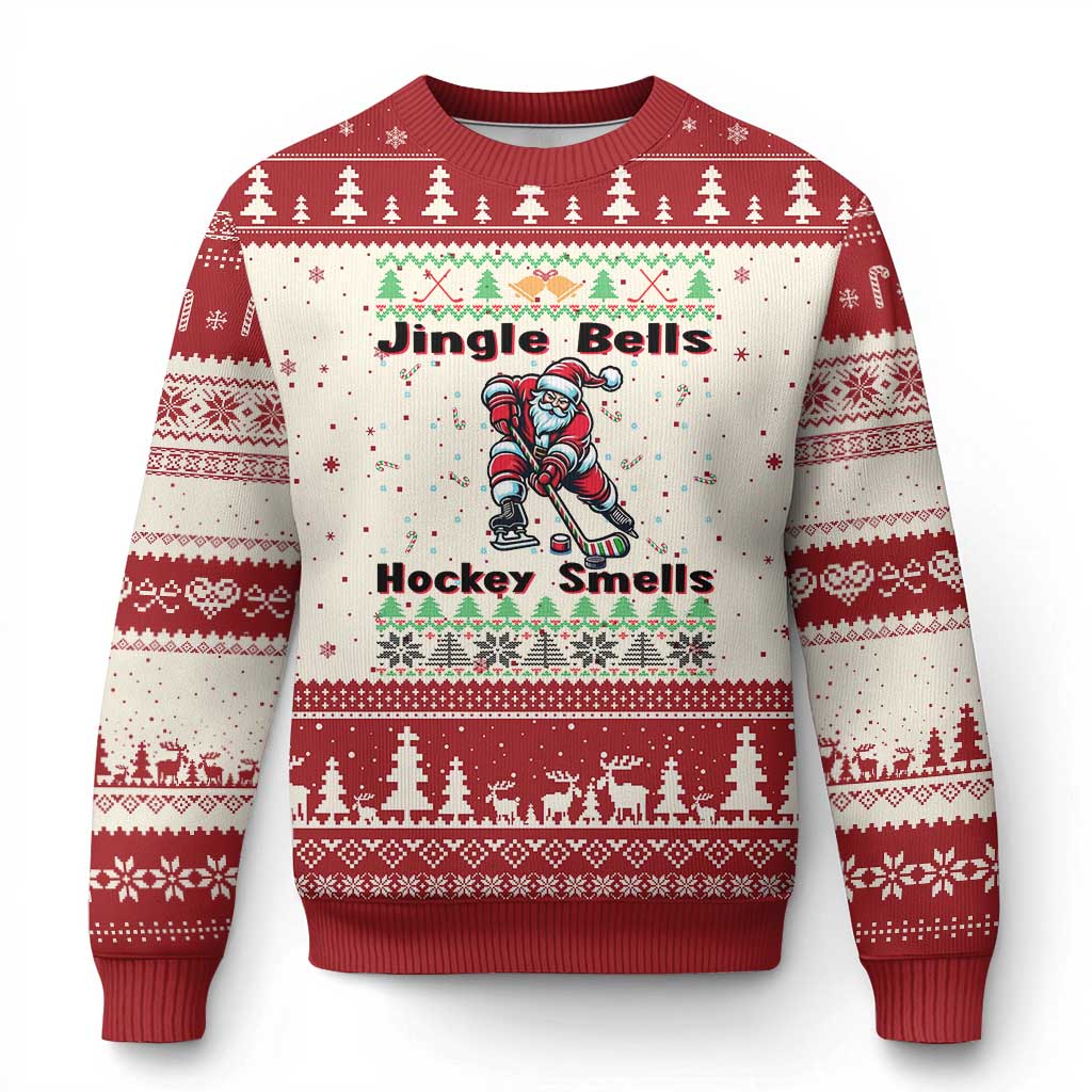 Ugly Xmas Sweater Santa Playing Hockey Ugly Christmas Sweater Jingle Bells Hockey Smells - Wonder Print Shop