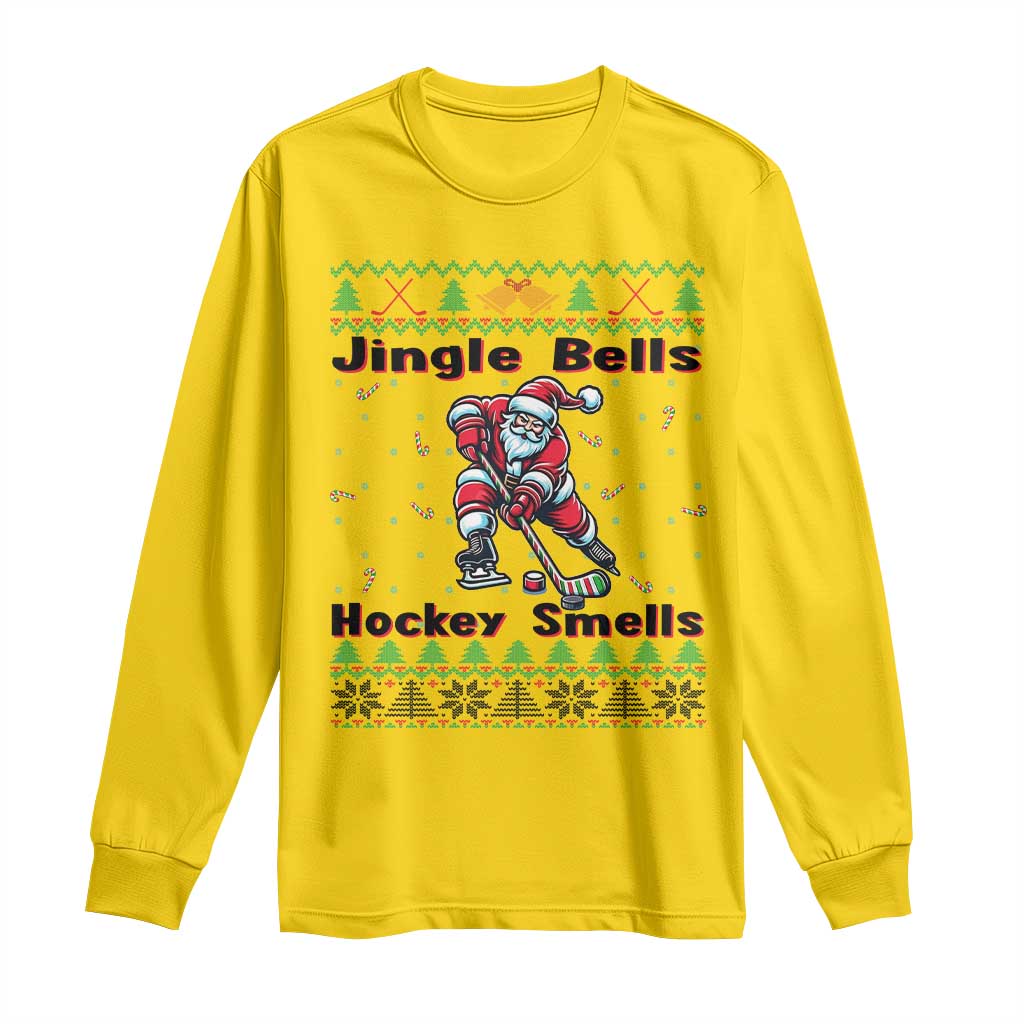 Ugly Christmas Sweater Santa Playing Hockey Long Sleeve Shirt Jingle Bells Hockey Smells - Wonder Print Shop