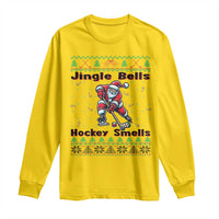 Ugly Christmas Sweater Santa Playing Hockey Long Sleeve Shirt Jingle Bells Hockey Smells - Wonder Print Shop