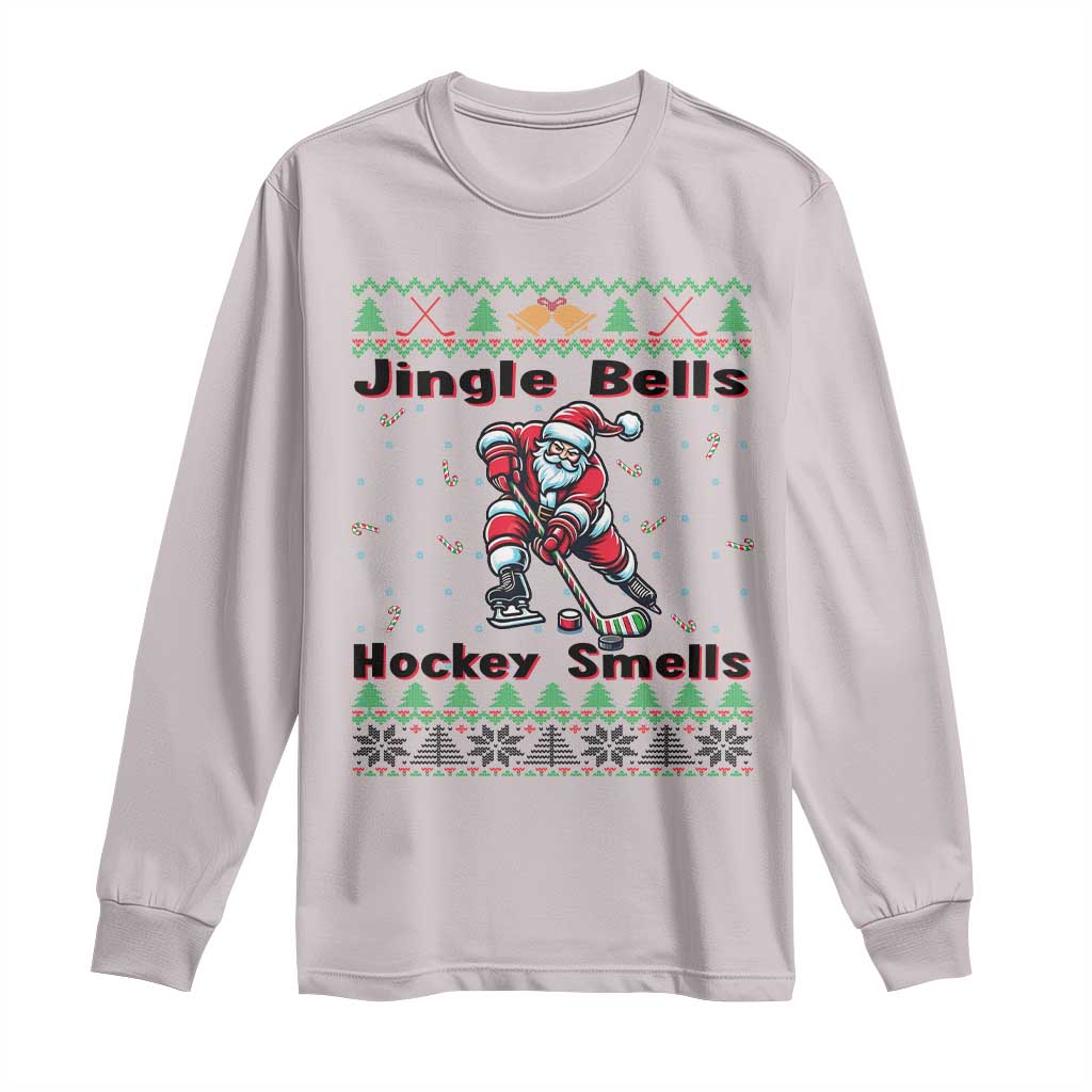 Ugly Christmas Sweater Santa Playing Hockey Long Sleeve Shirt Jingle Bells Hockey Smells - Wonder Print Shop