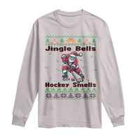 Ugly Christmas Sweater Santa Playing Hockey Long Sleeve Shirt Jingle Bells Hockey Smells - Wonder Print Shop