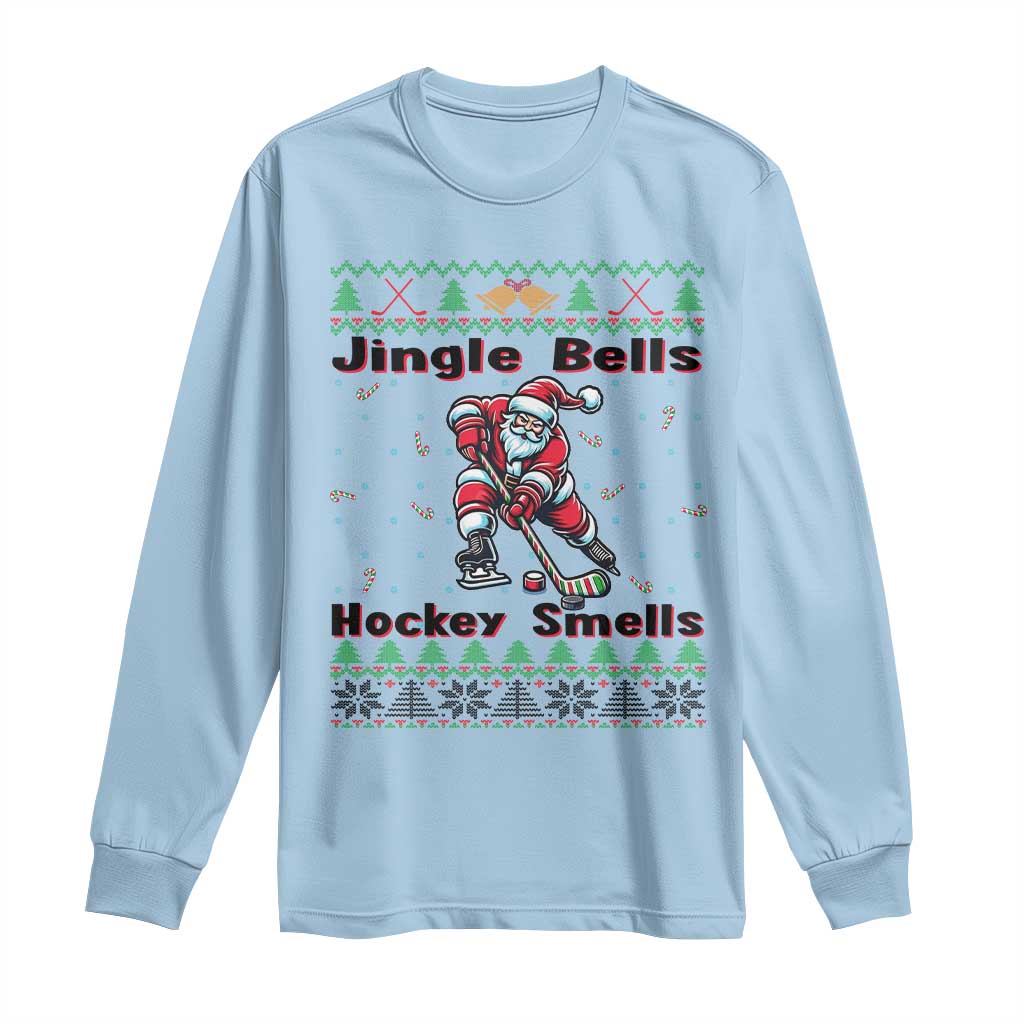 Ugly Christmas Sweater Santa Playing Hockey Long Sleeve Shirt Jingle Bells Hockey Smells - Wonder Print Shop