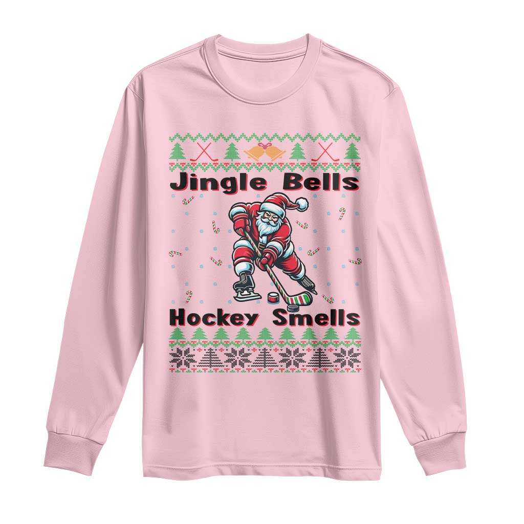 Ugly Christmas Sweater Santa Playing Hockey Long Sleeve Shirt Jingle Bells Hockey Smells - Wonder Print Shop