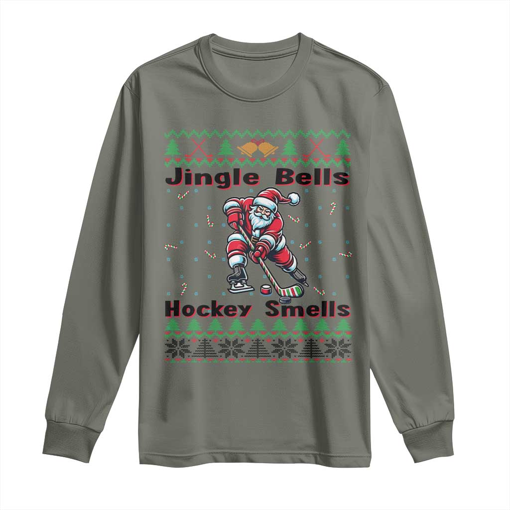 Ugly Christmas Sweater Santa Playing Hockey Long Sleeve Shirt Jingle Bells Hockey Smells - Wonder Print Shop