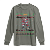 Ugly Christmas Sweater Santa Playing Hockey Long Sleeve Shirt Jingle Bells Hockey Smells - Wonder Print Shop