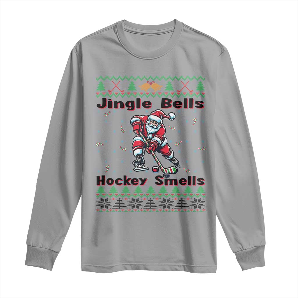 Ugly Christmas Sweater Santa Playing Hockey Long Sleeve Shirt Jingle Bells Hockey Smells - Wonder Print Shop