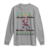Ugly Christmas Sweater Santa Playing Hockey Long Sleeve Shirt Jingle Bells Hockey Smells - Wonder Print Shop