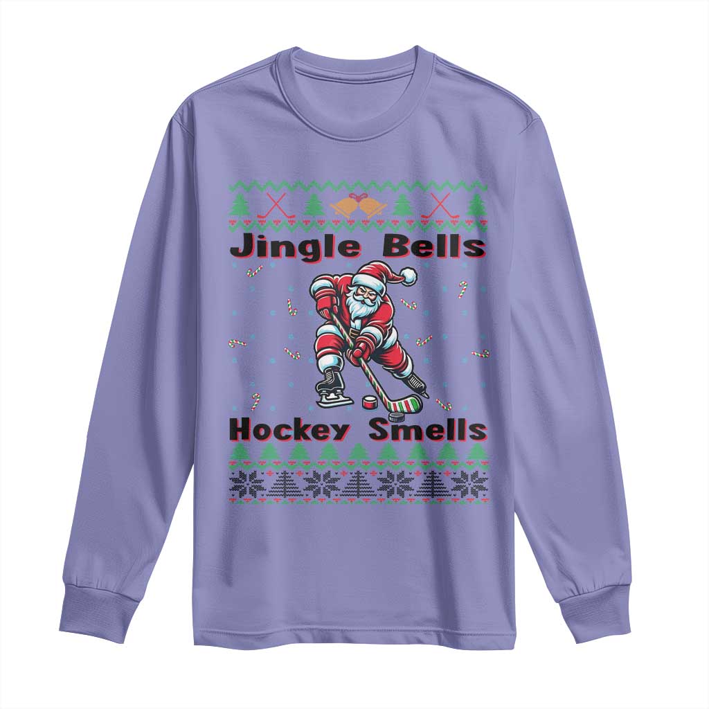Ugly Christmas Sweater Santa Playing Hockey Long Sleeve Shirt Jingle Bells Hockey Smells - Wonder Print Shop