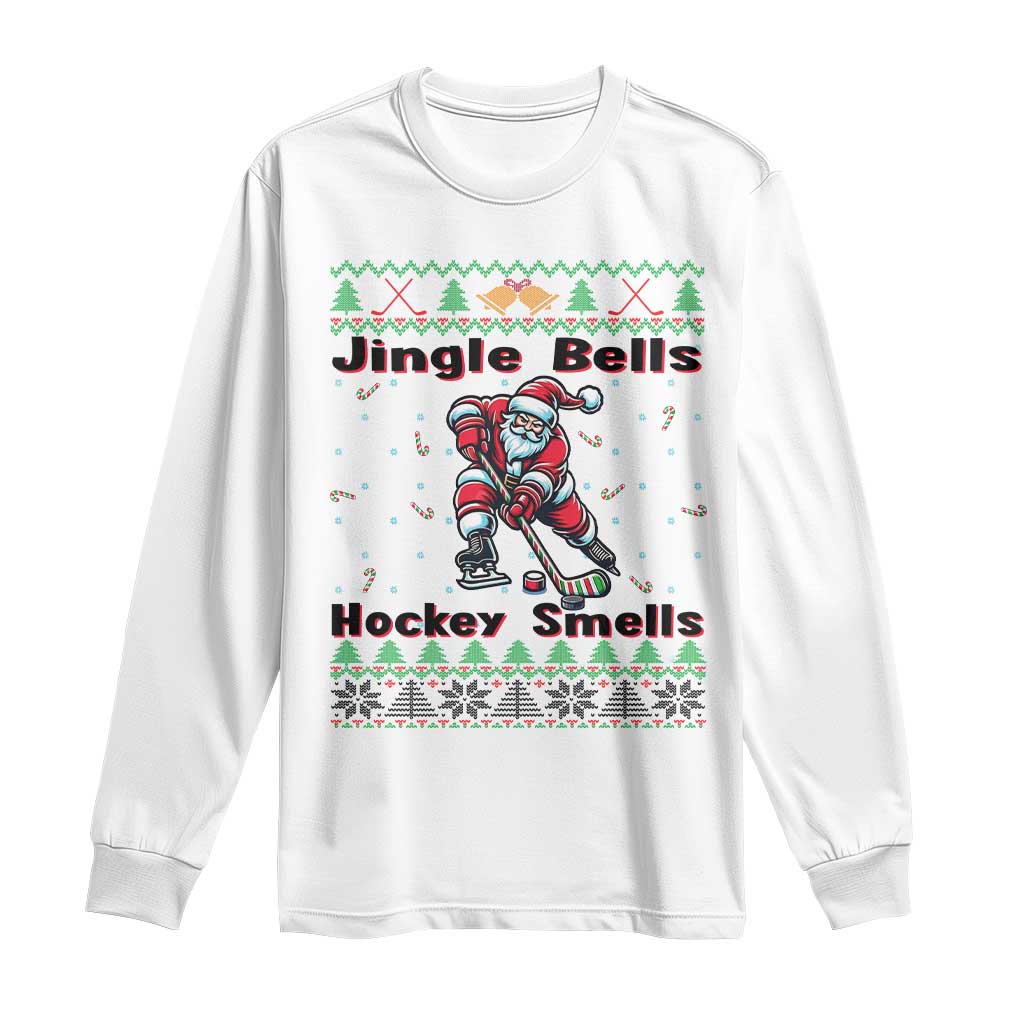 Ugly Christmas Sweater Santa Playing Hockey Long Sleeve Shirt Jingle Bells Hockey Smells - Wonder Print Shop