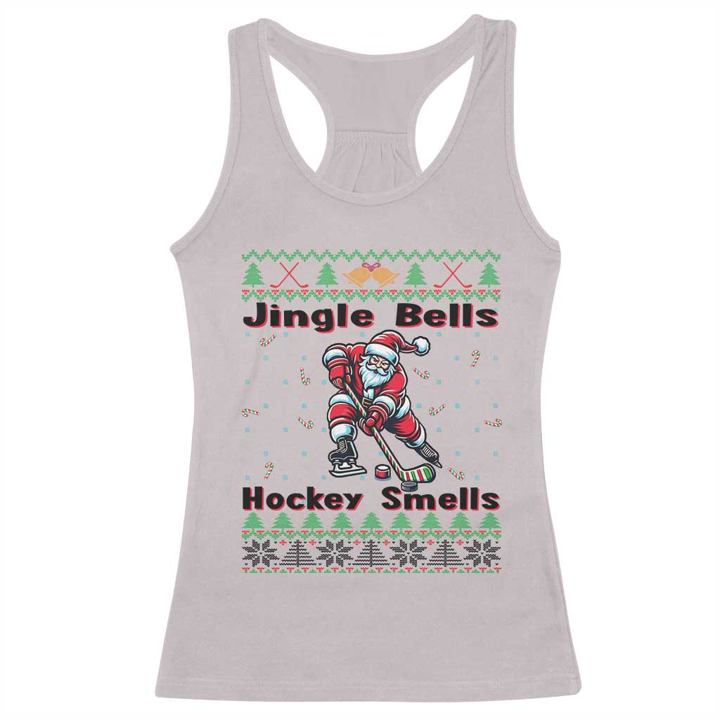 Ugly Christmas Sweater Santa Playing Hockey Racerback Tank Top Jingle Bells Hockey Smells - Wonder Print Shop
