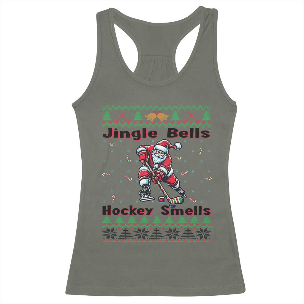 Ugly Christmas Sweater Santa Playing Hockey Racerback Tank Top Jingle Bells Hockey Smells - Wonder Print Shop