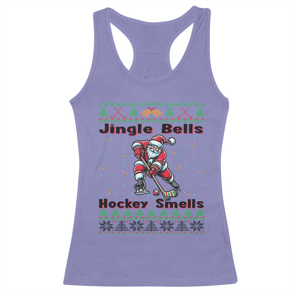 Ugly Christmas Sweater Santa Playing Hockey Racerback Tank Top Jingle Bells Hockey Smells - Wonder Print Shop