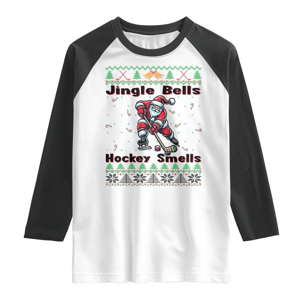 Ugly Christmas Sweater Santa Playing Hockey Raglan Shirt Jingle Bells Hockey Smells - Wonder Print Shop