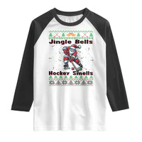 Ugly Christmas Sweater Santa Playing Hockey Raglan Shirt Jingle Bells Hockey Smells - Wonder Print Shop