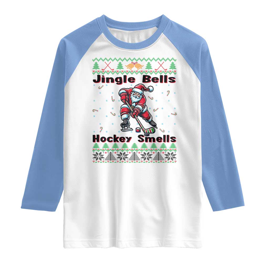 Ugly Christmas Sweater Santa Playing Hockey Raglan Shirt Jingle Bells Hockey Smells - Wonder Print Shop