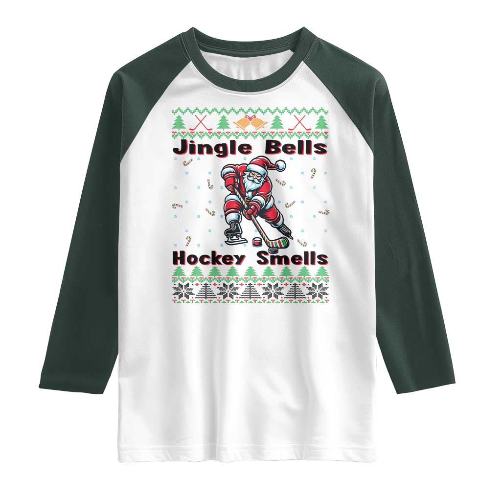 Ugly Christmas Sweater Santa Playing Hockey Raglan Shirt Jingle Bells Hockey Smells - Wonder Print Shop
