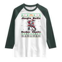 Ugly Christmas Sweater Santa Playing Hockey Raglan Shirt Jingle Bells Hockey Smells - Wonder Print Shop