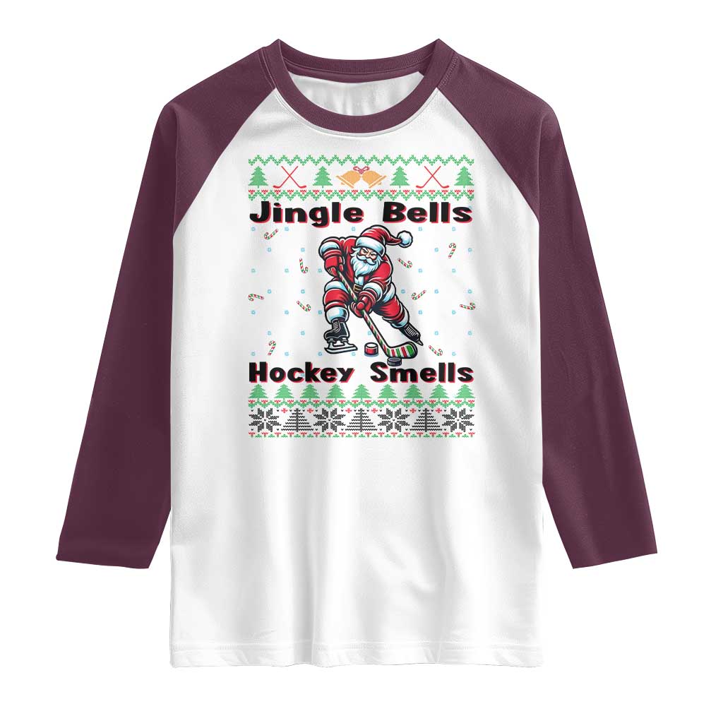 Ugly Christmas Sweater Santa Playing Hockey Raglan Shirt Jingle Bells Hockey Smells - Wonder Print Shop