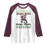 Ugly Christmas Sweater Santa Playing Hockey Raglan Shirt Jingle Bells Hockey Smells - Wonder Print Shop
