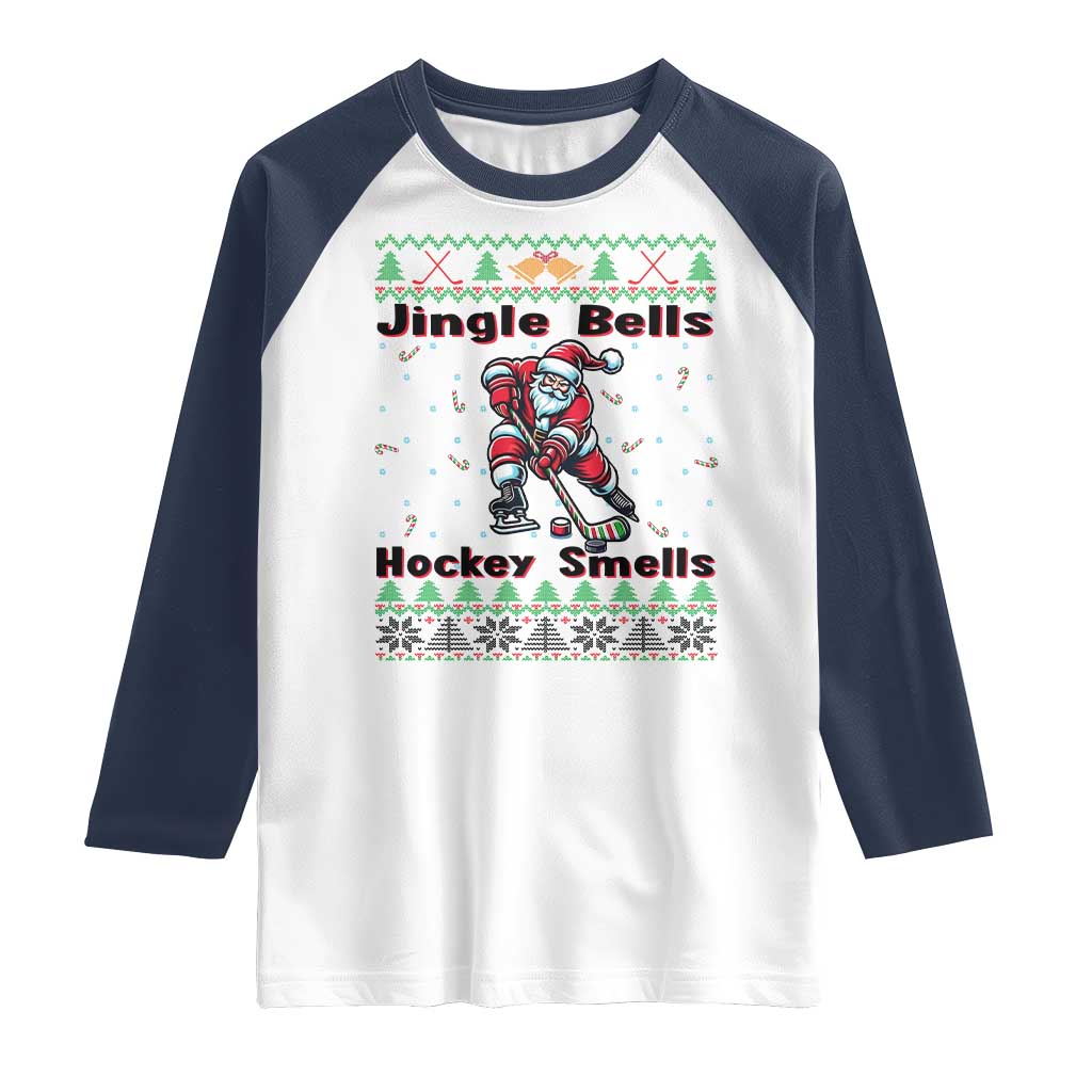 Ugly Christmas Sweater Santa Playing Hockey Raglan Shirt Jingle Bells Hockey Smells - Wonder Print Shop